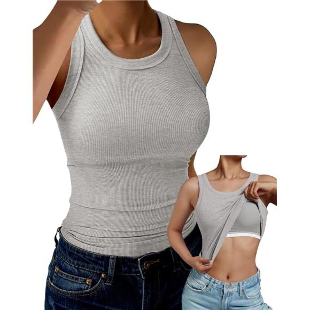 Ribbed Tank Top with Built-in Bra High Neck Racerback Women